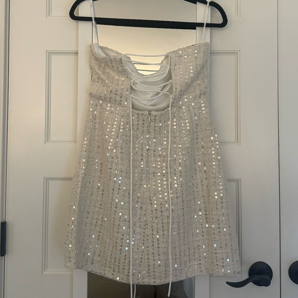 Lulus Luxe Mentality Ivory Tweed Sequin Strapless Lace-Up Mini Dress, Size Med - Picture 5 of 5